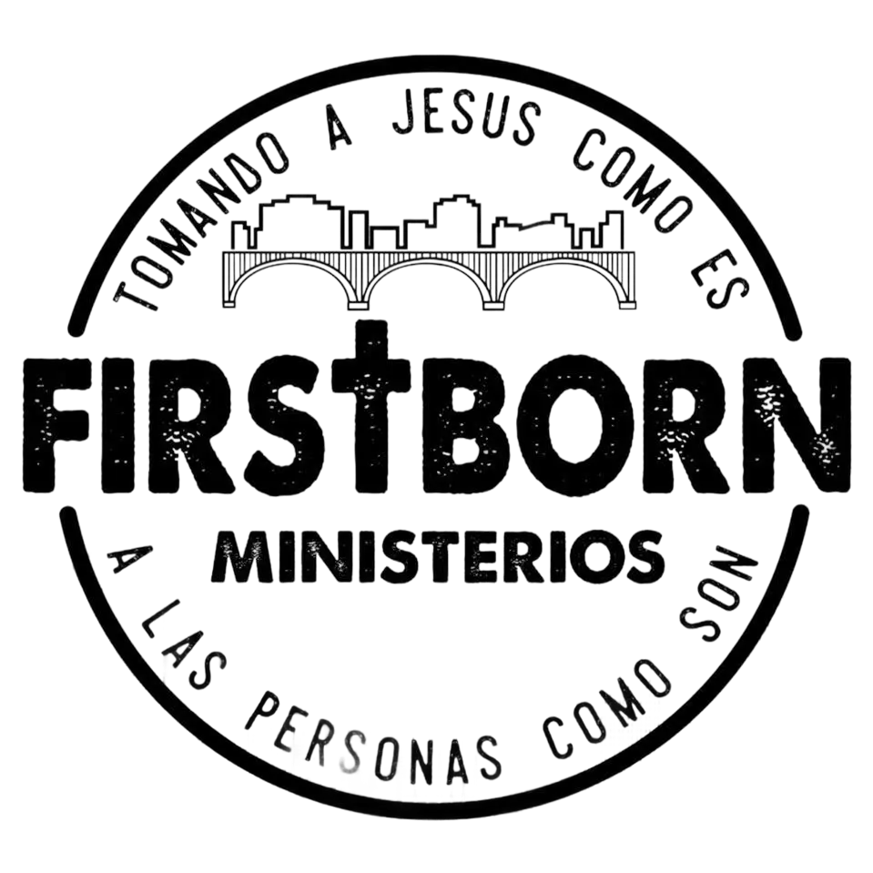 Logo de Firstborn Ministerios, una iglesia pentecostal con un diseño elegante y espiritual. Incluye un puente, una cruz en la palabra 'Firstborn' y la frase 'Tomando a Jesús como es, a las personas como son'