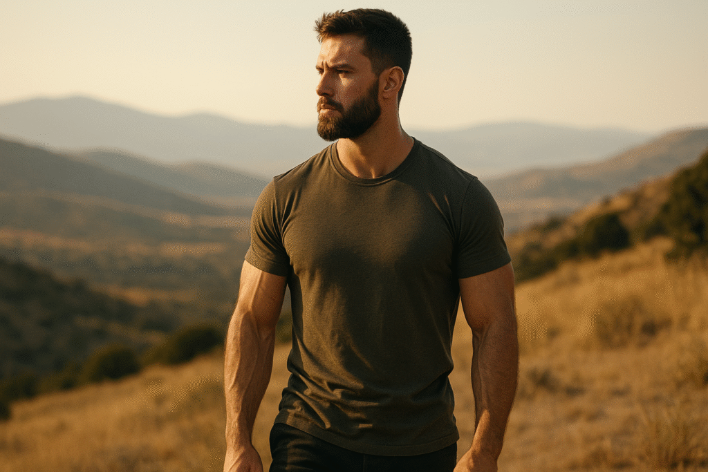 Hombre varonil con barba y camiseta ajustada en un paisaje de montaña al atardecer