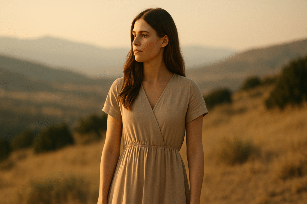 Mujer con vestido beige mirando al horizonte en un campo al atardecer