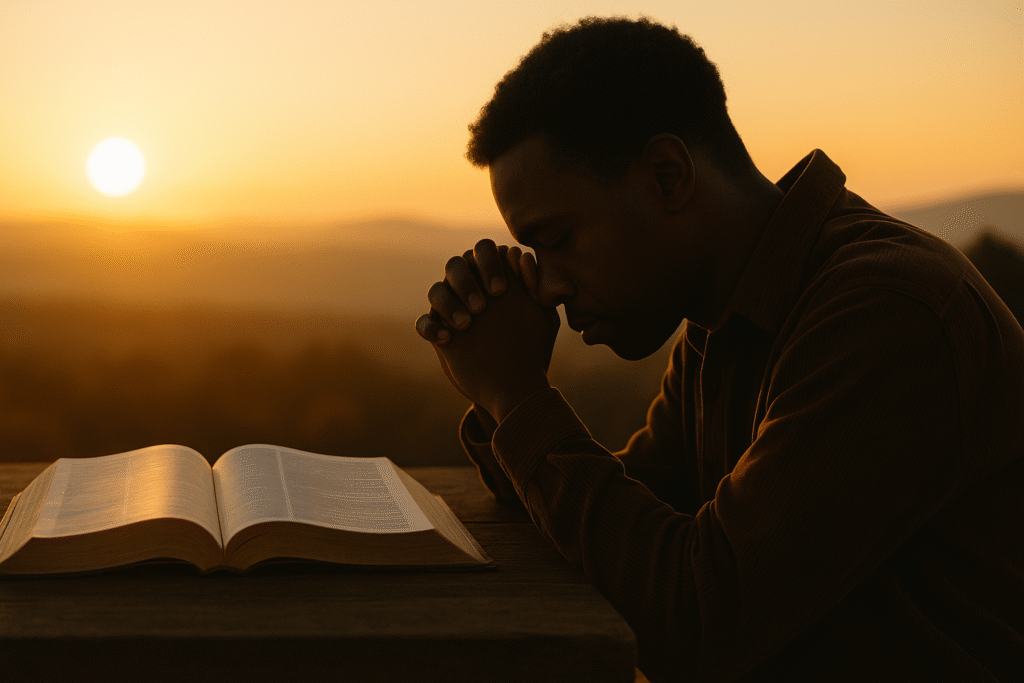 Hombre afroamericano orando profundamente con una Biblia abierta frente a él, al atardecer.