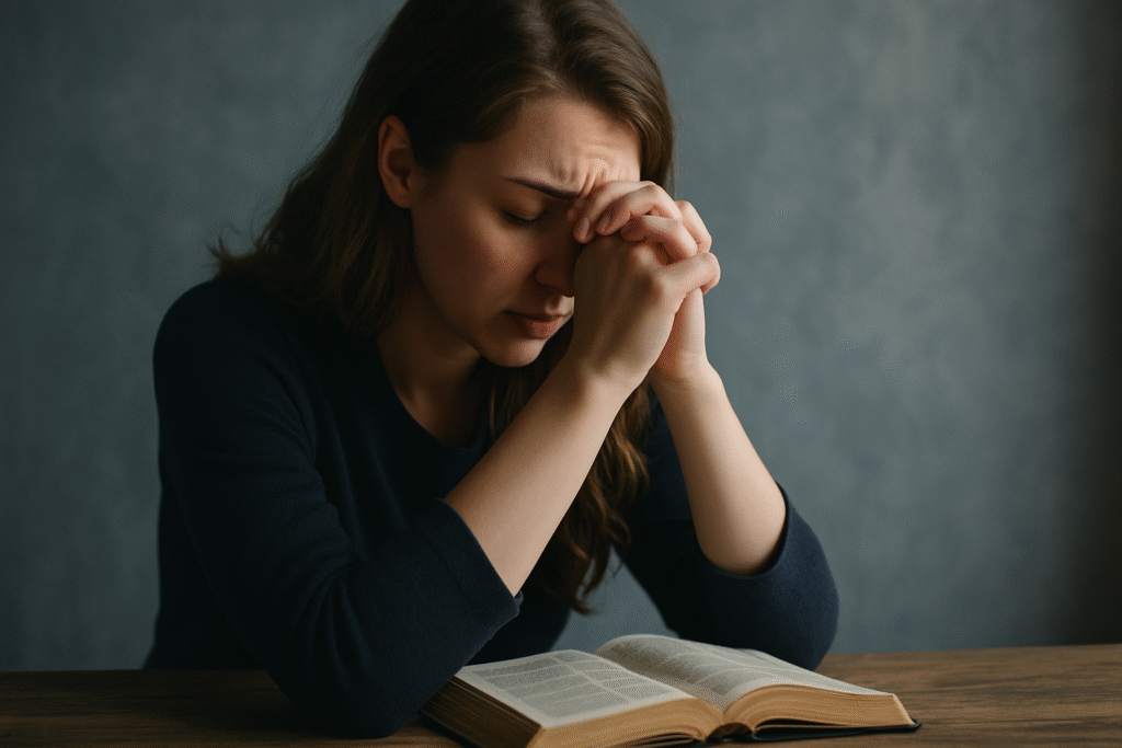 Mujer con expresión seria y ojos cerrados, orando con las manos entrelazadas sobre una Biblia abierta.