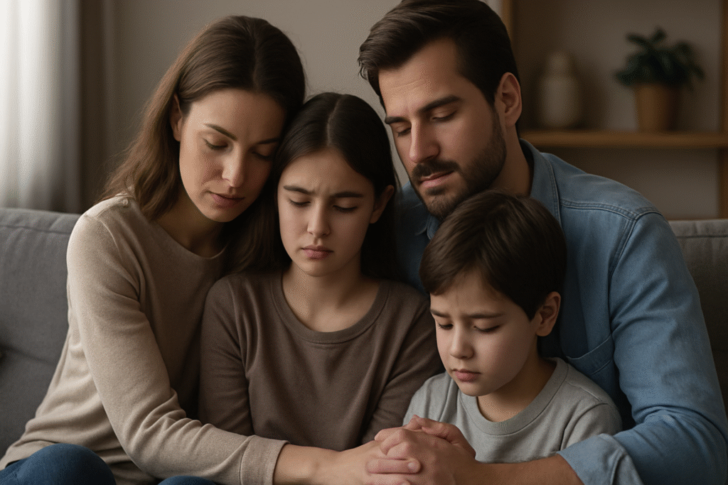 Padre, madre, hija e hijo orando juntos con los ojos cerrados y manos entrelazadas, mostrando unión familiar y fe.