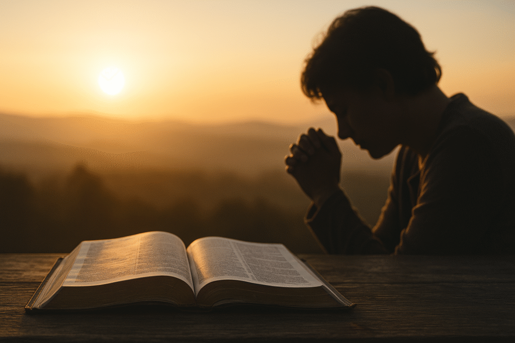 Persona orando con la cabeza inclinada frente a una Biblia abierta al amanecer, con el sol saliendo en el horizonte.